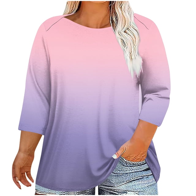 Cinvoph Womens Summer Plus Size Tops 3/4 Sleeve Crew Neck Gradient Color T Shirts Casual Workout Basic Tees Clothes