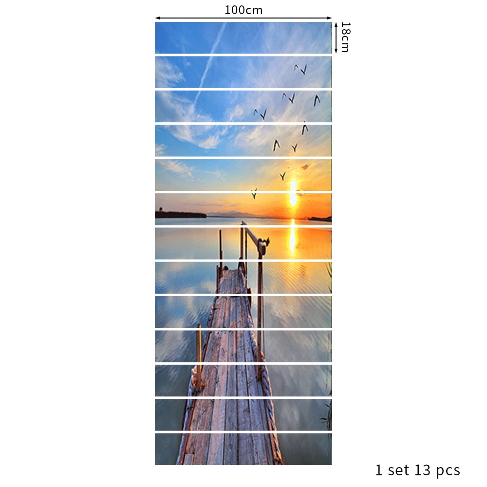 Sea view Sunset Landscape Pathway Wooden Trestle Peel and Stick Vinyl Stair Riser Decals Staircase Tile Stickers Decor Modern Marble Decoration Self-Adhesive 18x100cm
