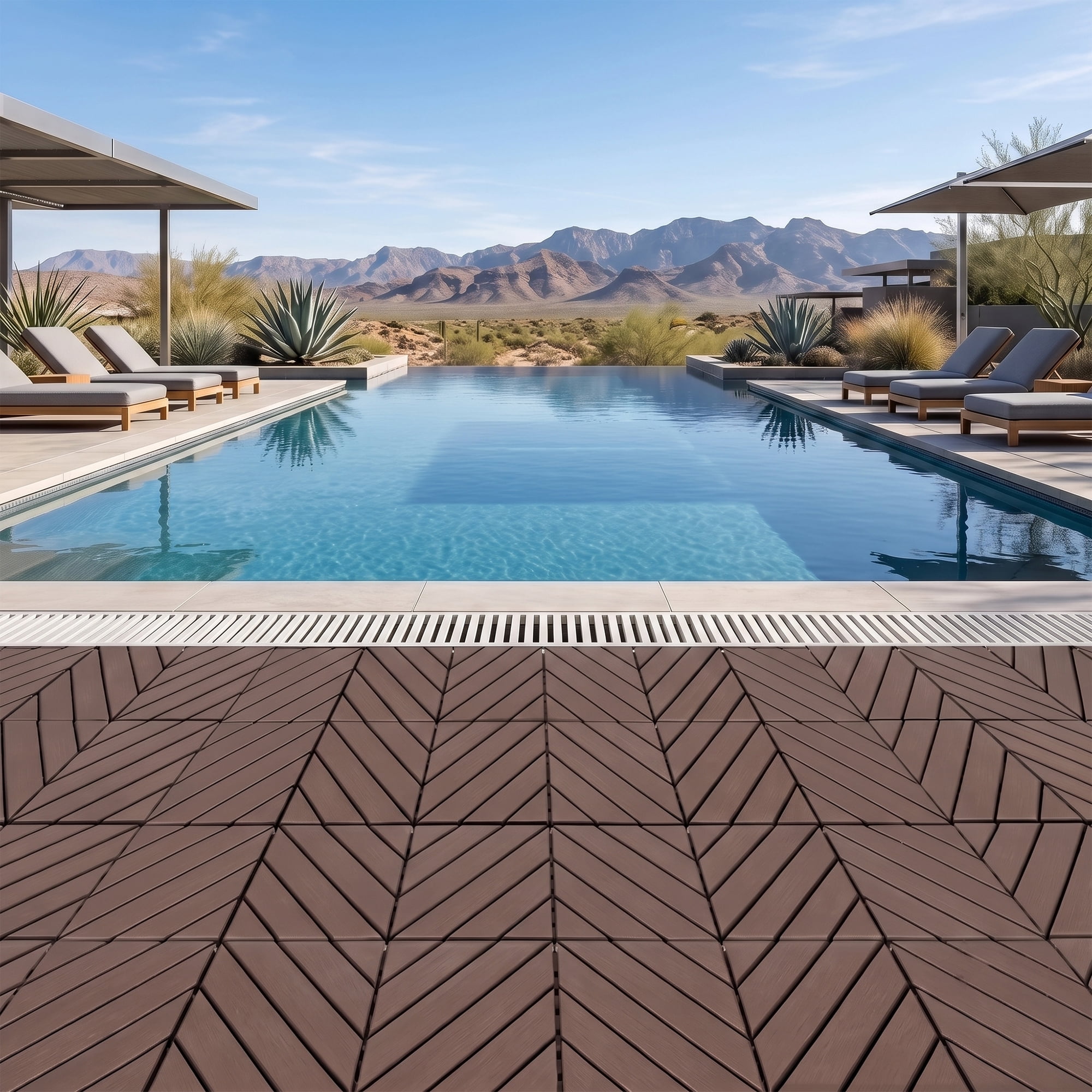 Interlocking Deck Tiles 12x12 in, Waterproof Non-Slip Outdoor Patio Flooring with Drainage Design, Snap Together Tiles for Poolside Porch Garden Backyard, Brown, 44pcs