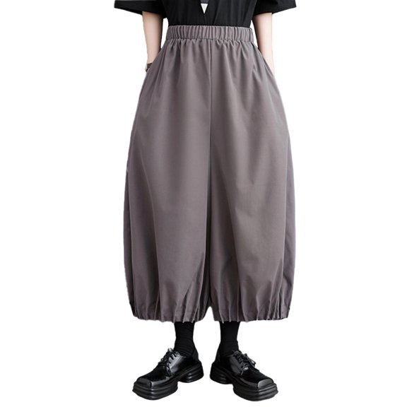 Quixlent Women Bloomer Elastic High Waist Wide Leg Trousers with Pockets Solid Color Loose Fit Casual Pants Work Travel Daily Wear