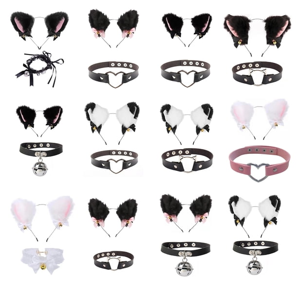 Oreilles de chat Bandeau avec collier en forme de cloche, accessoires pour oreilles de chat, accessoires de cheveux pour filles et femmes, fête cosplay (noir