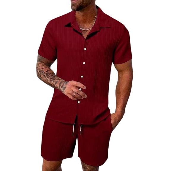 BLTIBY Mens 2 Pieces Outfits Texture Short Sleeve Button down Lapel Shirts and Drawstring Shorts Beach Sets with Pockets Wine 3XL