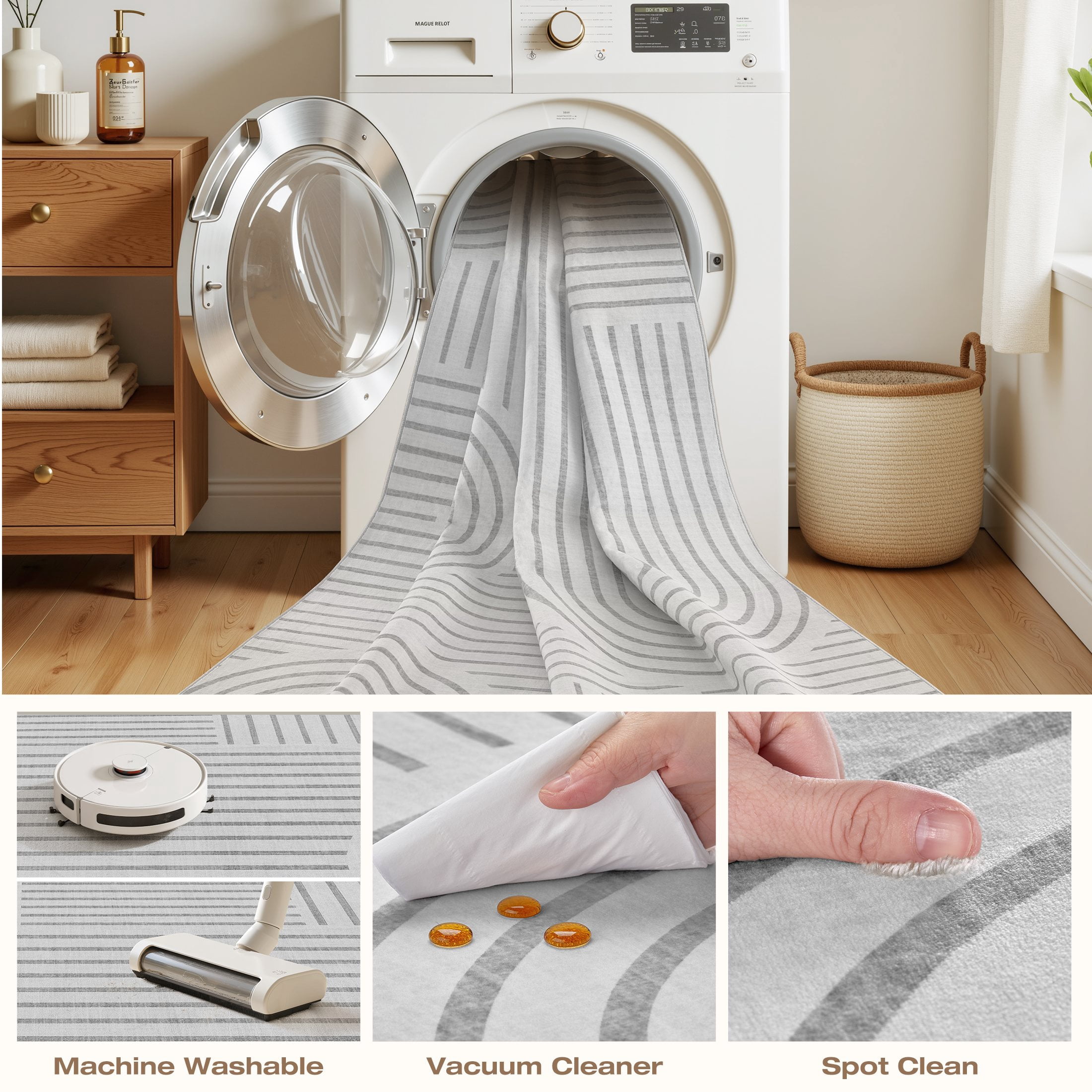 MICGEEK 9'x12' Washable Area Rug, Low-Profile Large Area Rug with Non-Slip Backing & Durable Edge Binding, Vintage Large Rugs for Living Room, Bedroom & Dinning Room,Light Gray