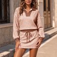 thumbnail image 2 of Women's 2 Piece Plaid Outfits Long Sleeve Collar V Neck Sweatshirt and Drawstring Mini Skirt Lounge Sets Casual Fall Winter Tracksuit Matching Set Brown, 2 of 7
