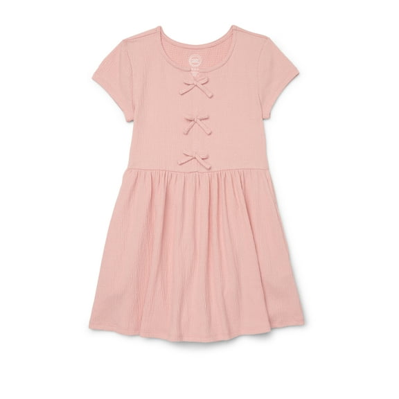 Wonder Nation Girls Bow Front Skater Dress with Short Sleeves, Sizes 4-18 & Plus