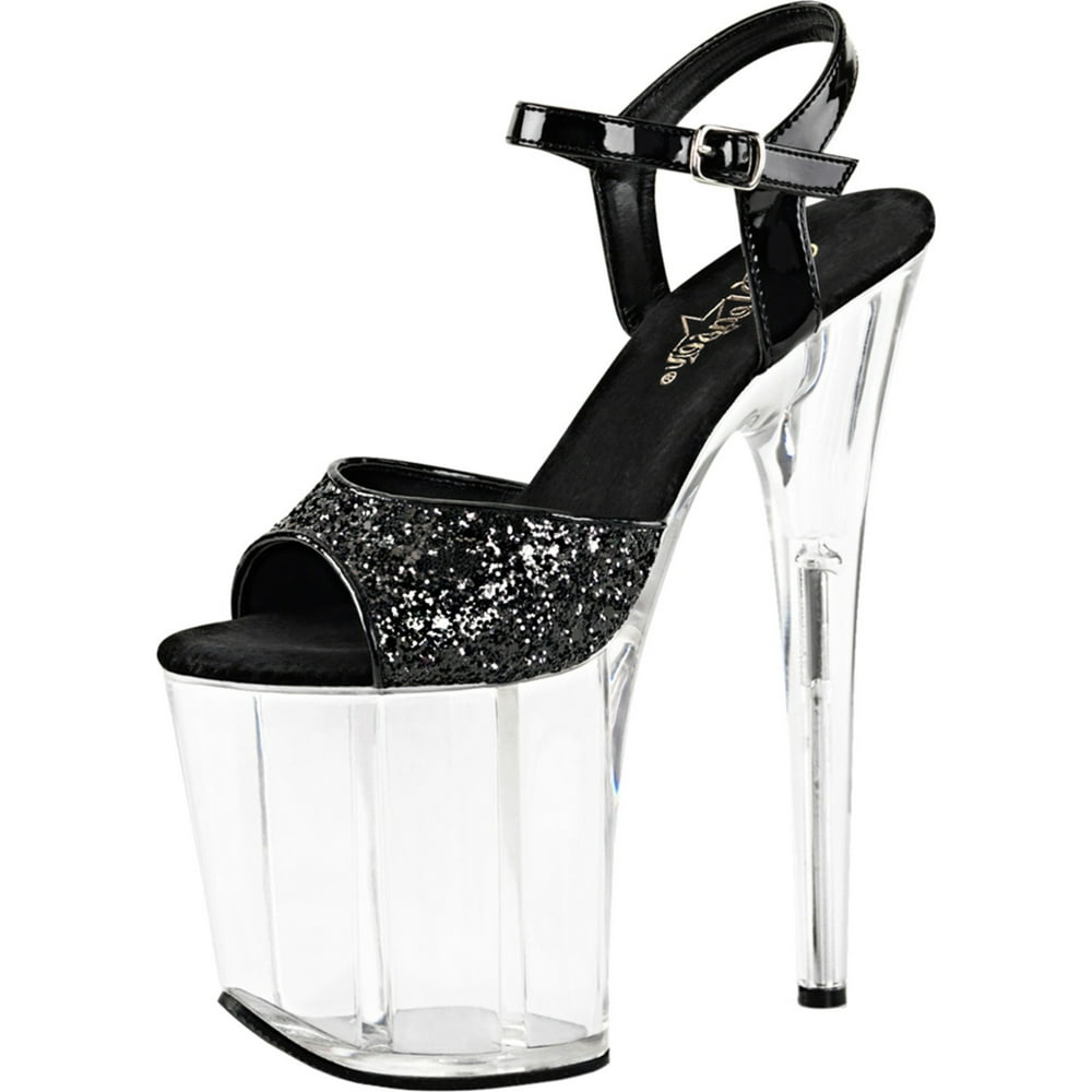 Pleaser Womens Super High Heels Black Glitter Shoes Platform Sandals