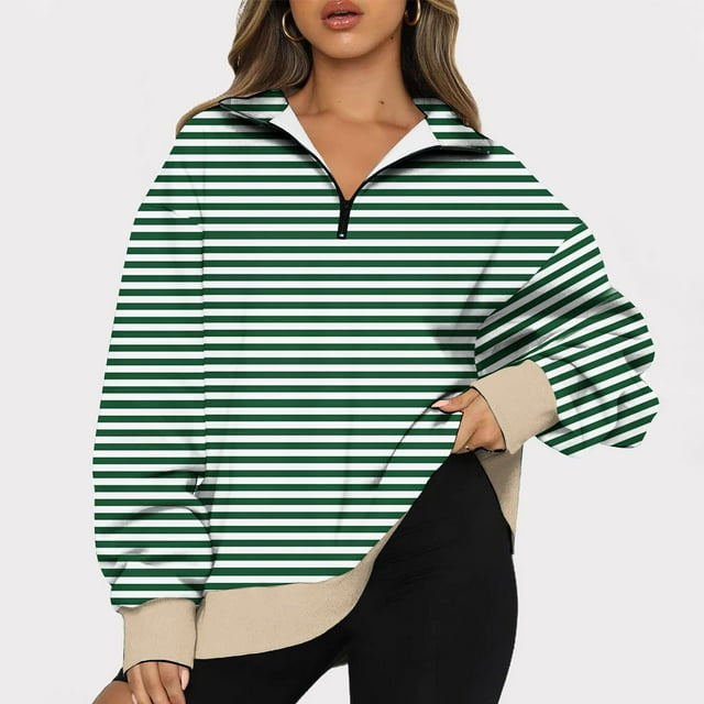 TIMIFIS Chandails en Molleton à Fermeture Éclair pour Femmes Décontracté Rayé Imprimé Col en V Chandail Automne Hiver Manches Longues