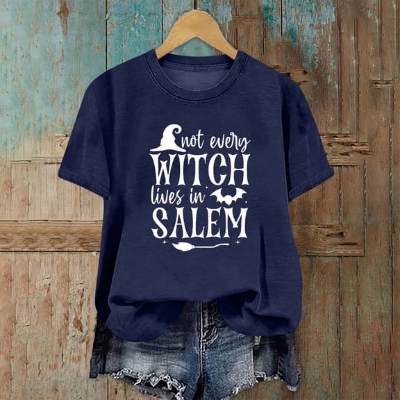 CLOISE Women's Halloween Blouses Trendy Halloween Witch Salem Print Shirts Short Sleeve Round Neck Blouses Basic Loose Comfy Tees Holiday Clothes Winter Gift