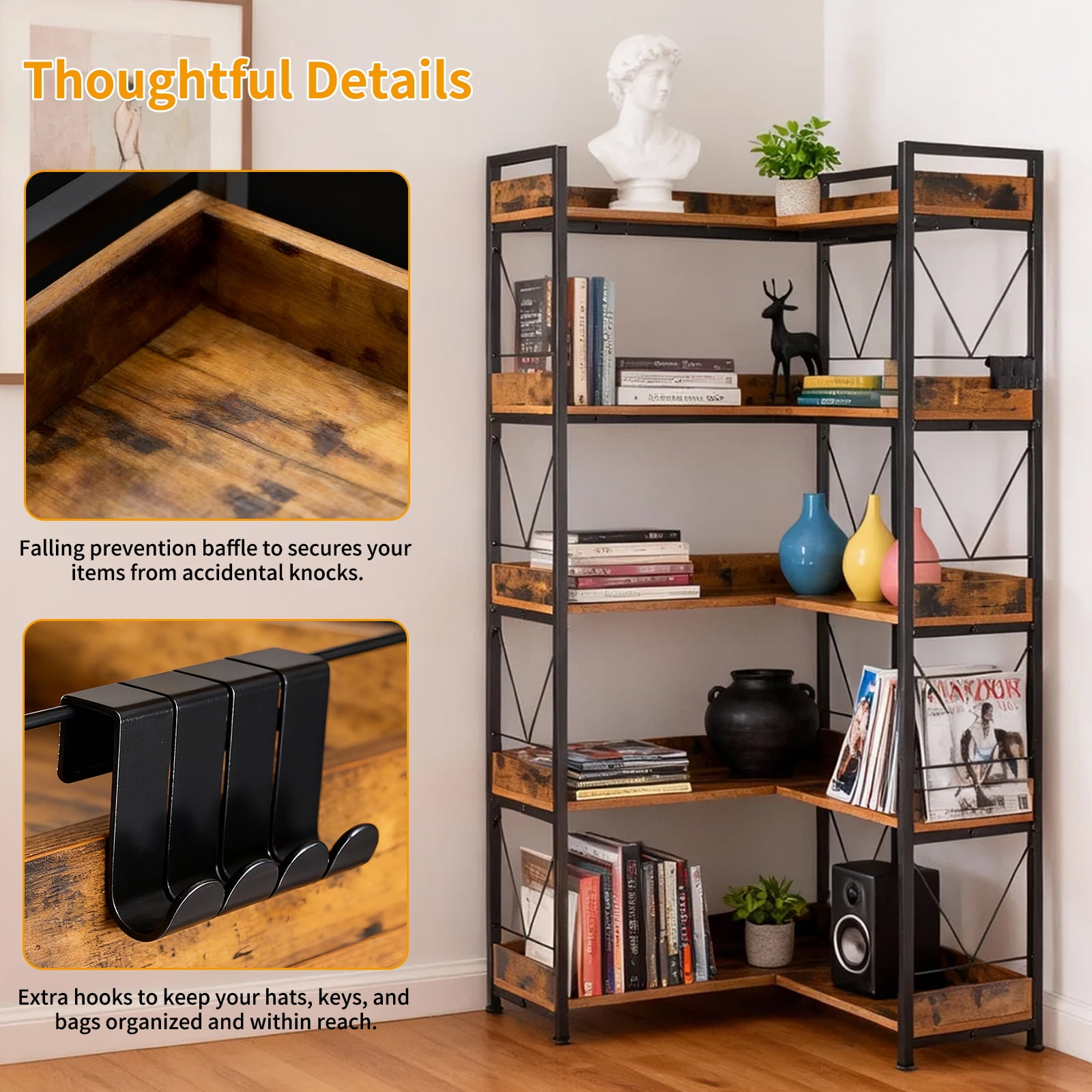 EDX 5-Tier Corner Shelf,  65'' L-Shaped Display Bookshelf , Industrial Wooden Bookcase with Metal Frame for Home , Office, Rustic Brown