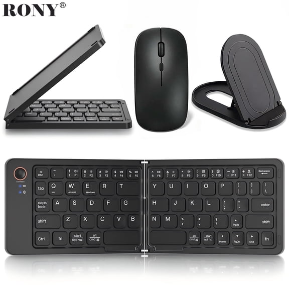 RONY Foldable Wireless Bluetooth Keyboard & Mouse Combo, Ultra Slim Rechargeable Portable Travel Keyboard for iPad iPhone Tablet Laptop Smartphone, Black