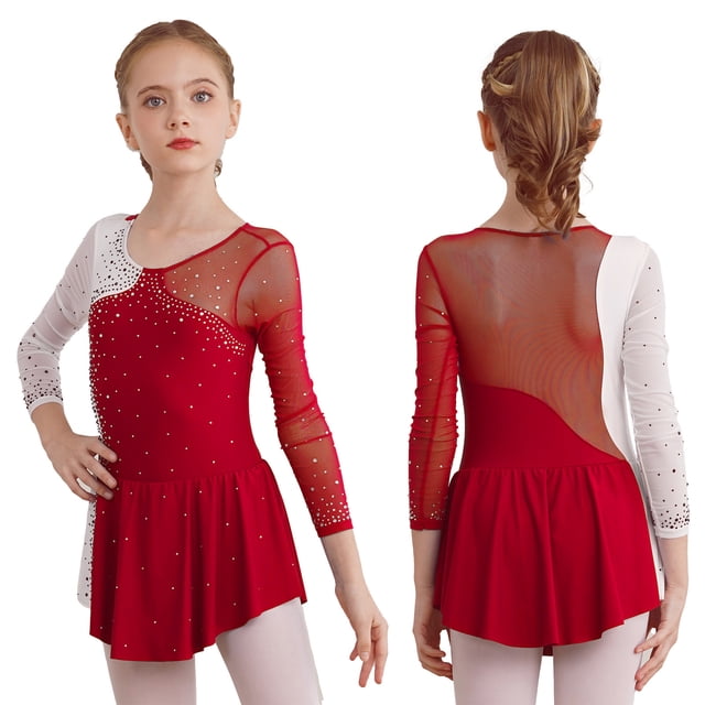 JanJean Kids Girls Rhinestones Figure Ice Skating Dress Mesh Long Sleeve Ballet Leotard Skirts Dancewear Burgundy 12