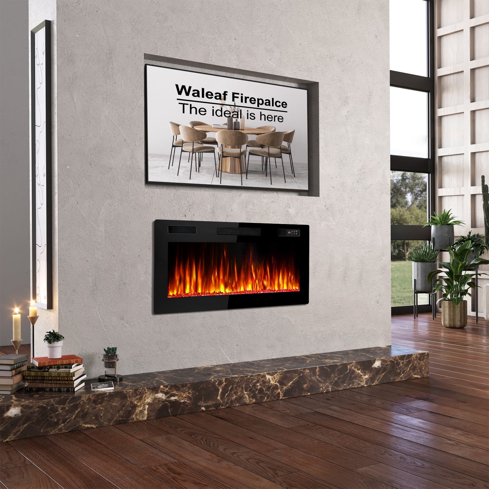 Waleaf 36” Electric Fireplace Ultra Thin Fireplace Heater, Recessed Wall Mounted Fireplace with Multicolor Flame & Remote Control
