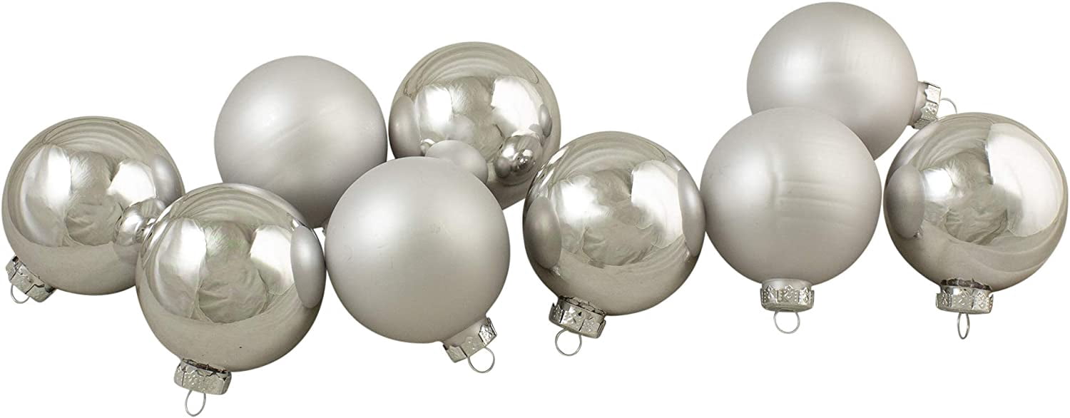 9-Piece Shiny and Matte Silver Glass Ball Christmas Ornament Set 2.5" (65mm)