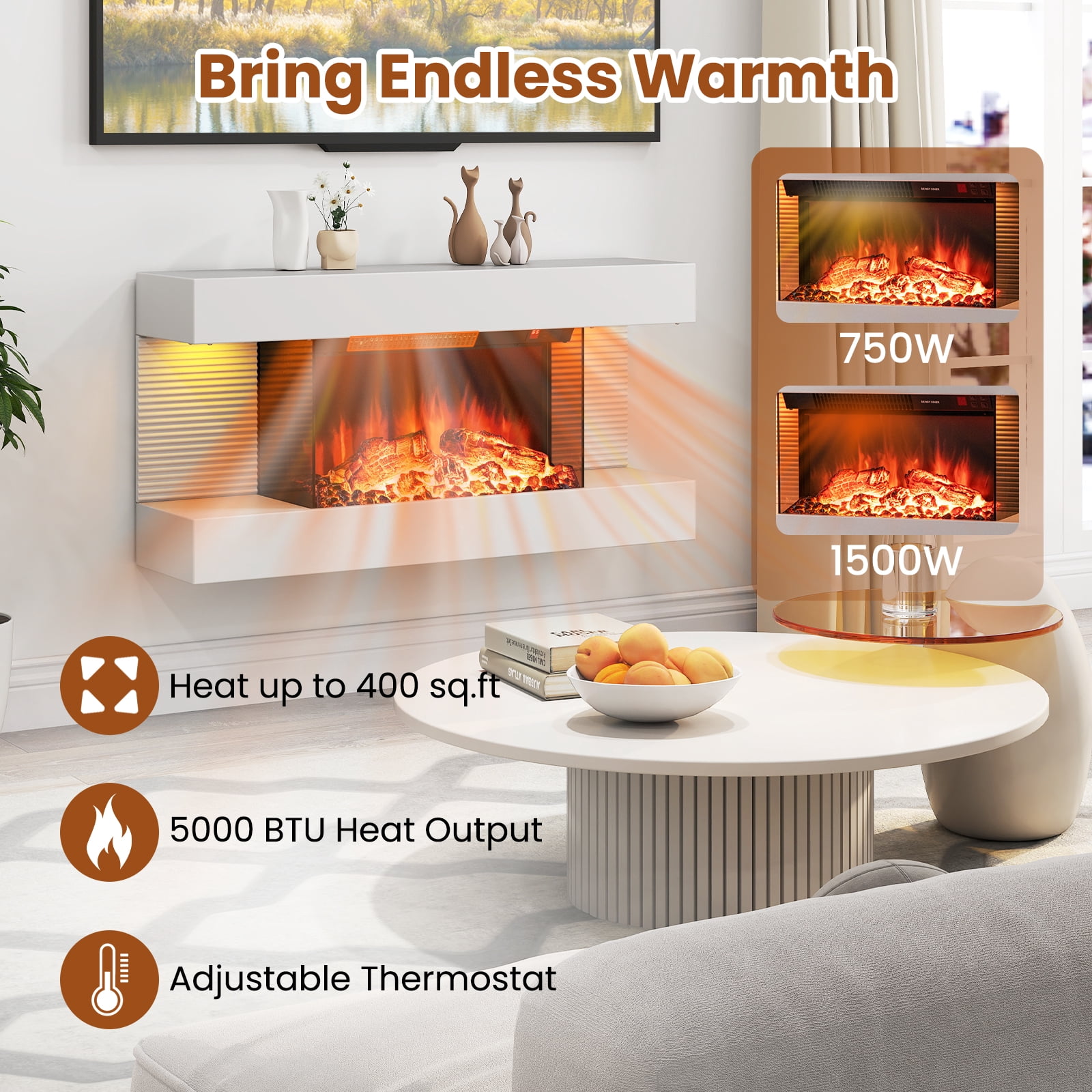 Gymax 18'' Electric Fireplace w/ 32'' Floating Mantel 12-Color Dimmable Flame 8H Timer