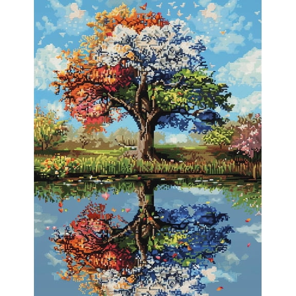 A Season Tree and Relection in Lake DIY 11CT Stamped Cross Stitch Kits for Beginners Easy Needlepoint Embroidery Counted Cross Stitch Art Craft for Wall Decoration 12x16inch(1)