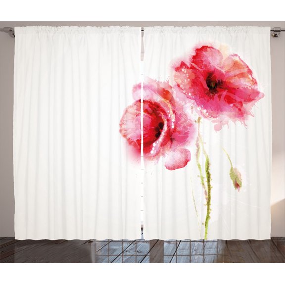 Ambesonne Flower Curtains 2 Panel Set, Red Poppies Vivid Spring, 108" x 63", Pale Green Hot Pink