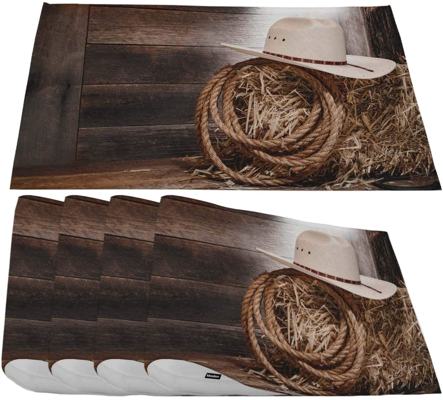West Cowboy Placemats,American Western Cowboy with Straw White Hat Rope