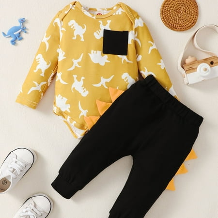 

NIUREDLTD Baby Girls Boys Print Autumn Dinosaur Long Sleeve Romper Bodysuit Pants Set Clothes