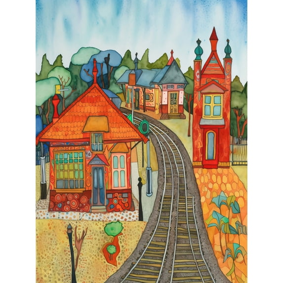 Rural Train Station Folk Art Unframed Wall Art Print Poster Home Decor Premium