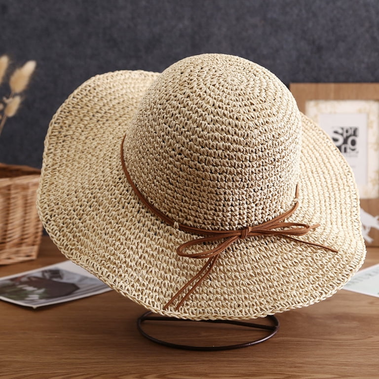 FKMJH Women Wide Brim Straw Sun Hat Bowknot Foldable Beach  display picture 1