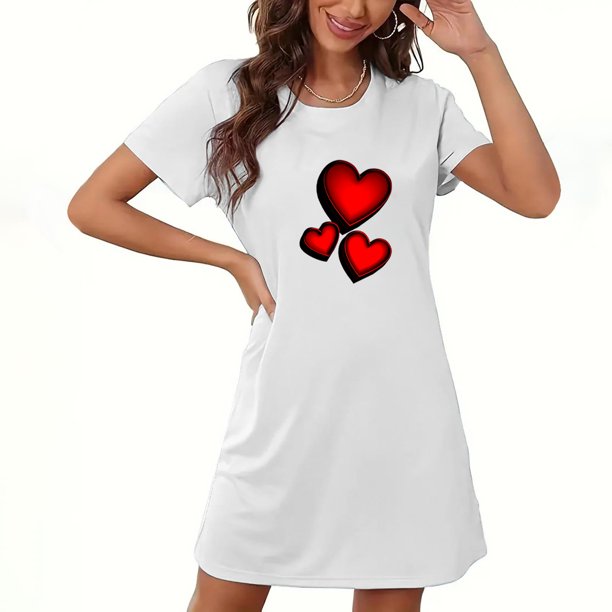 Camisón corto de San Valentín para mujer, talla grande, estampado en el pecho, cuello redondo, manga corta