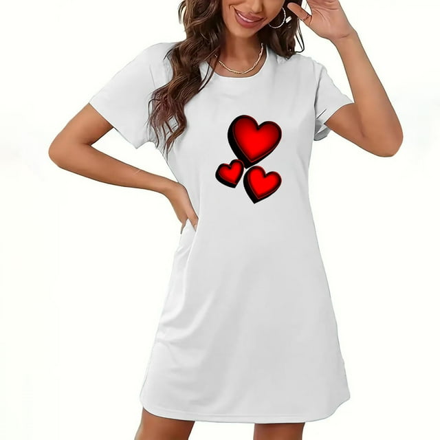 Camisón corto de San Valentín para mujer, talla grande, estampado en el pecho, cuello redondo, manga corta