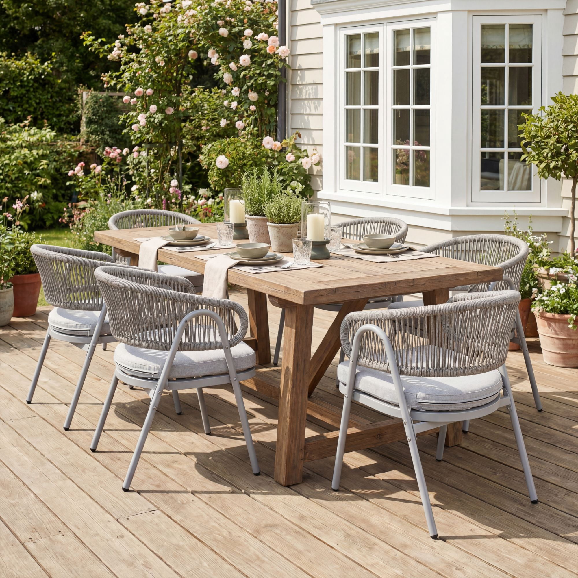 Dayalane Outdoor Dining Chairs Set of 6, Modern Rope Woven Patio Armchairs with Curved Back, Weather-Resistant Metal Frame, Balcony Backyard Bistro Seating, Grey
