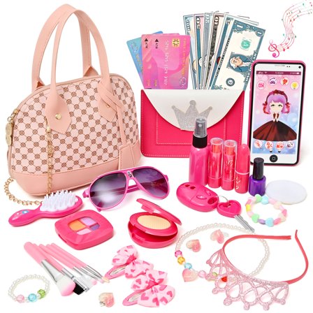 Toddler Girl Toys - Little Girl Purse, Toddler Purse Play Makeup Toys with Purse/ Wallet/ Toy Phone/ Fake Makeup Set for 3-12