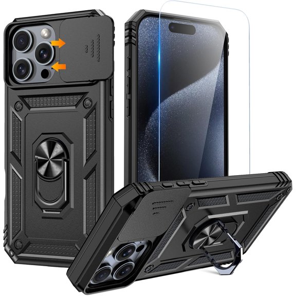 MYKOMI Compatible for iPhone 16 Pro Case with Screen Protector - Slide Camera Cover Protective Phone Case with Ring Stand, Heavy Duty Shockproof Rugged Bumper for iPhone 16 Pro Accessories