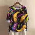 thumbnail image 2 of Mardi Gras Shirts Womens Glitter Mask Print Short Sleeve Blouse Feathers Print Crew Neck Green Tunic Tops Orange S, 2 of 4