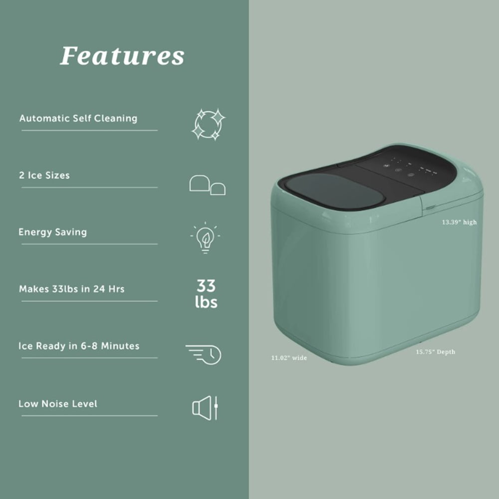 Countertop Ice Maker w/ Basket & Scoop, Fast Ice Making, Bullet Ice Type, Large Capacity, Portable Ice Machine for Home Kitchen Office Camping, Ideal Gift for Women and Men Green