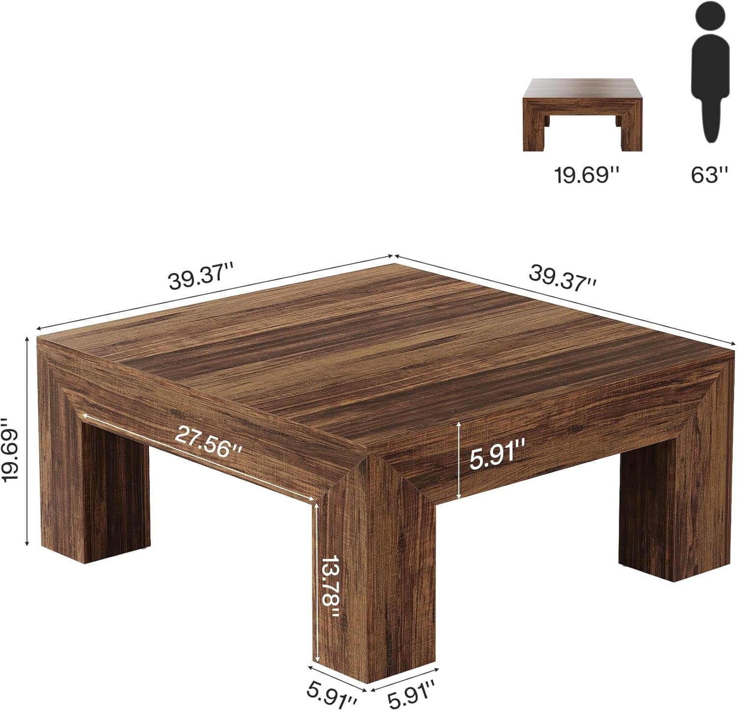 Finmind 39.4-Inch Square Coffee Table for Living Room, Farmhouse All Wood Accent Center Cocktail Table