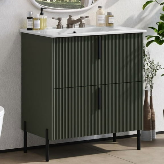 30" Bathroom Vanity with Ceramic Sink, Modern Fluted MDF Cabinet, Full-Extension Soft Close Drawers, Minimalist Black Pulls, Green Finish, American Design, Bathroom Storage