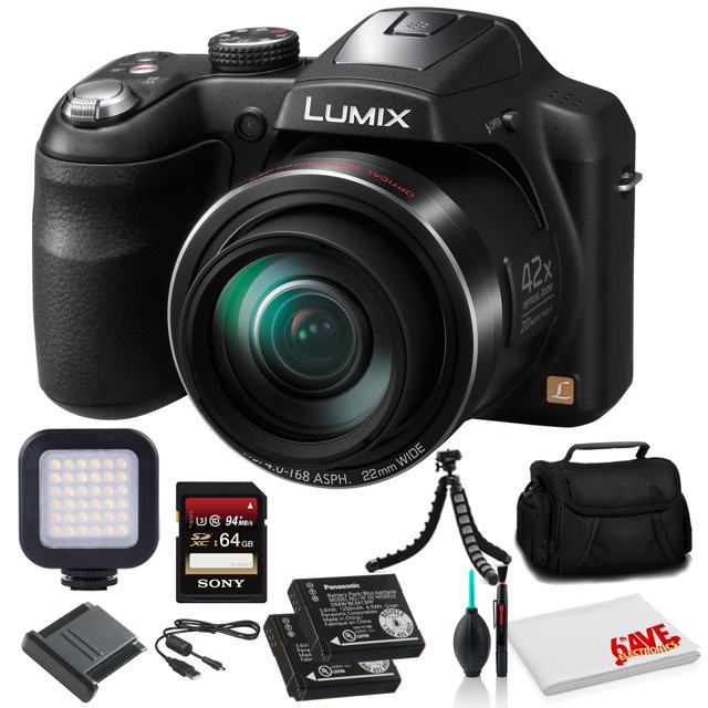 panasonic lumix dmc-lz40 cámara digital (negra) (dmc-lz40k) - paquete - con tarjeta de memoria de 64 gb + luz de video led + bolsa suave + trípode flexible de 12 pulgadas + juego de limpieza + batería dmw-bcm13 Panasonic LUMIX DMC-LZ40 negra en vista 3/4 con lente extendida y zoom óptico 42x; cuerpo tipo SLR con empuñadura texturada, visor integrado y pantalla LCD de 3.0" 460,000 puntos; paquete incluye tarjeta SDXC 64 GB, luz de video LED portátil, bolsa suave negra, trípode flexible de 12", batería DMW-BCM13 adicional, cargador USB y kit de limpieza. Ideal también para grabación de video HD 720p y uso portátil en viajes.