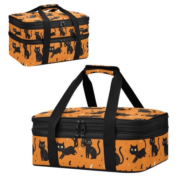 Large Double Decker Insulated Casserole Carrier Expandable 2-Layer Thermal Food Tote Bag Repetitive Play Black Cat Pattern Hot Cold Pizza Lasagna Holder for Potluck Picnic Party Camping