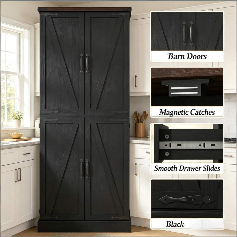Farmhouse Style Storage Cabinet with Side Rack, Home Bar Sideboard Organizer, Kitchen Pantry Cabinet with Adjustable Shelf