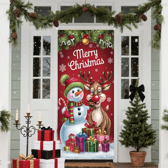 Taicans Snowman Christmas Door Cover - 70.87"x35.43" Indoor/Outdoor Holiday Decor,Merry Christmas Welcome Sign,Reindeer & Snowflake Design,Front Door Party Decoration for Festive Season