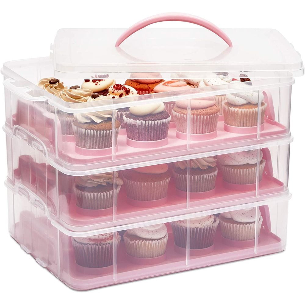 3 Tier Cupcake Carrier Storage Container with Lid and Handle for