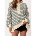 thumbnail image 3 of PRETTYGARDEN Womens Fall Striped Oversized Sweatshirt Long Sleeve Button Up Henley Neck Waffle Knit Pullover Tunic Tops, 3 of 7
