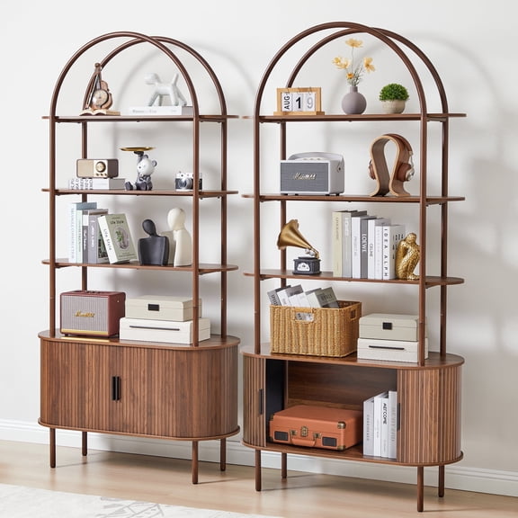 LEFHDA 79" Industrial Modern Arched Bookshelf with 4-Tier Open Shelf & Sliding Tambour Cabinet Storage, Mid-Century Curved Freestanding Bookcase for Living Room (Walnut, 79 inch Set of 2)