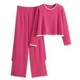 thumbnail image 3 of YOIAVAIOY Womens Two Piece Sets Knitted Cotton Lounge Outfits Cropped Pullover Top and Wide Leg Pant Set Color Block Casual Dressy Matching Sets Hot Pink Free Size, 3 of 7