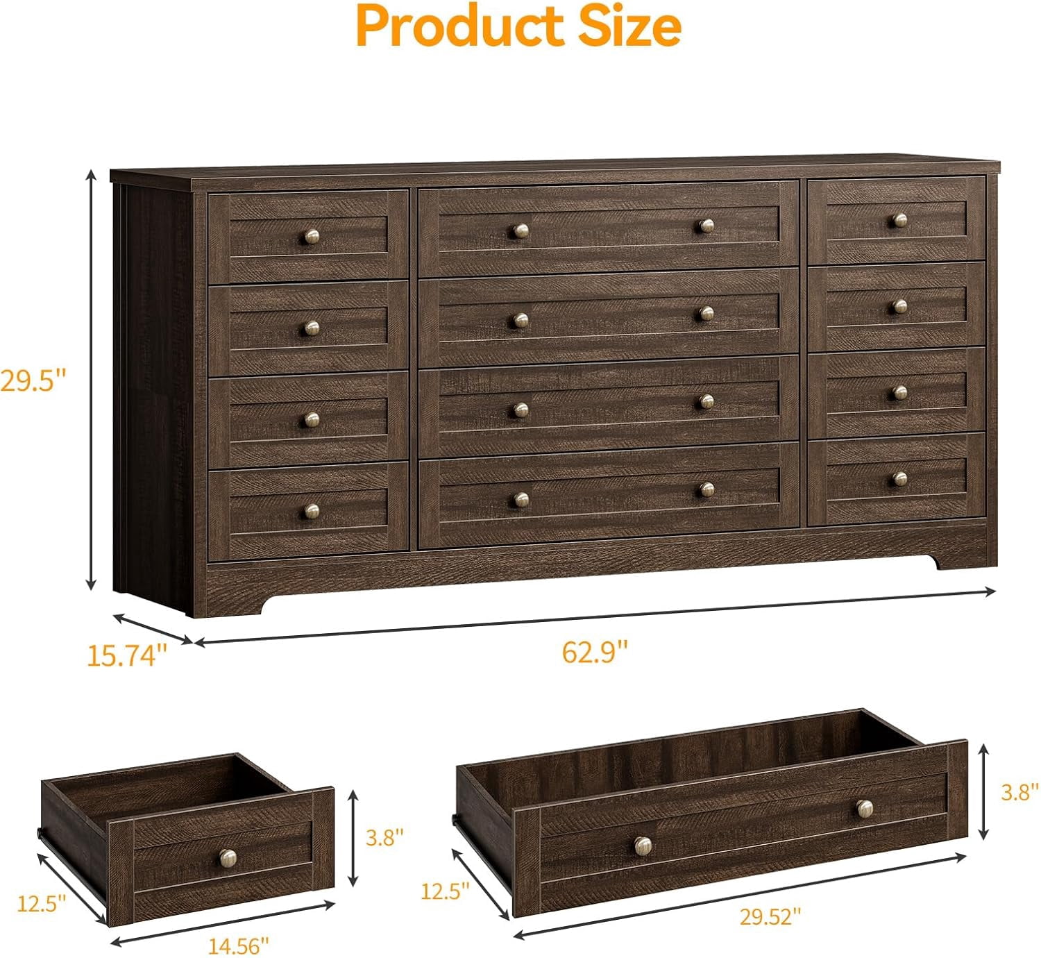 Twister.CK 12-Drawer Wooden Dresser, Modern Chest of Drawers & TV Stand for 65-Inch TV, Bedroom, Closet, Living Room, Hallway, Brown