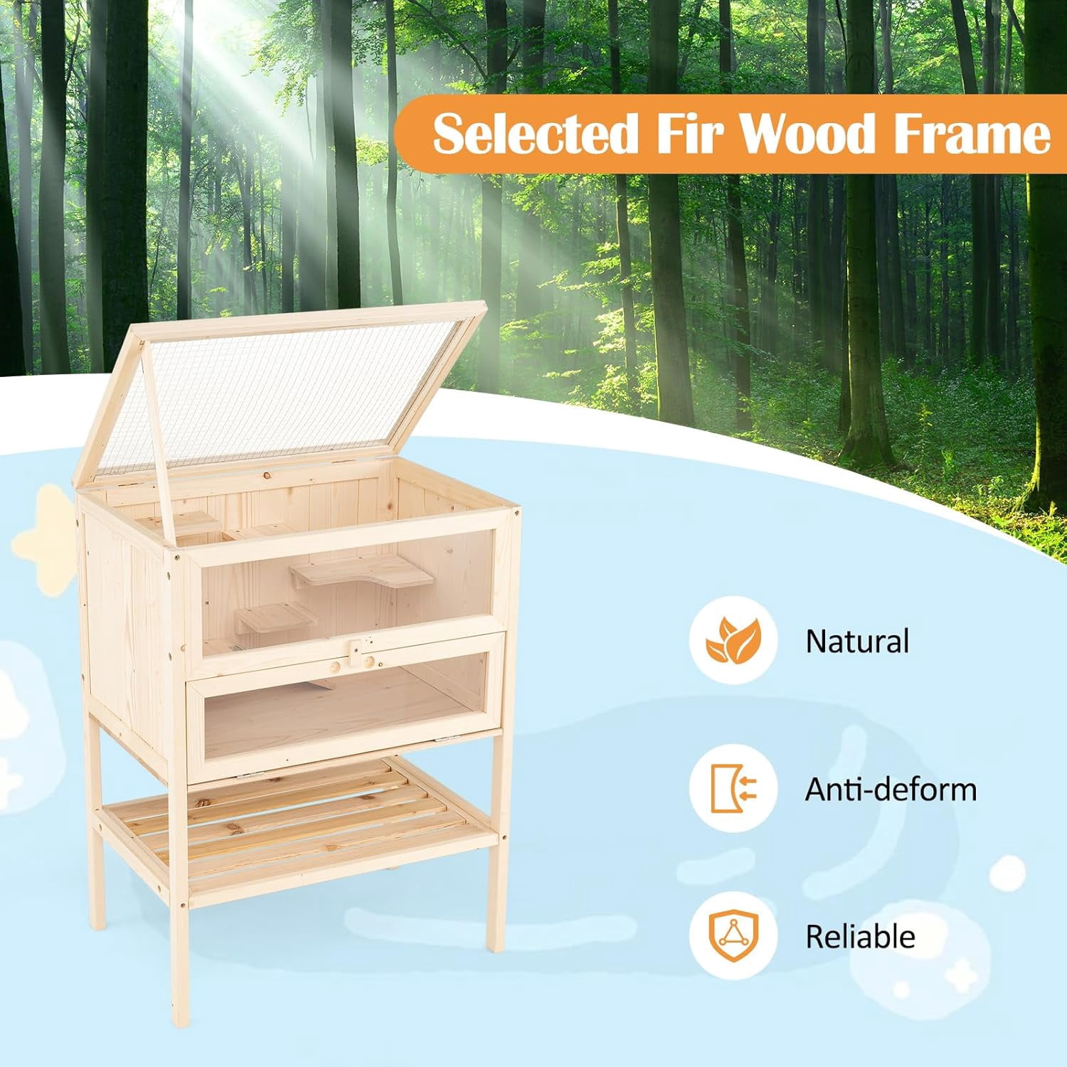 Hejuchuangli 31.5 Inches Freestanding Wooden Hamster Cage, Chew-Proof 2-Layer Hamster House with Full Transparent Viewing, Flip-Top Roof, and Storage Shelf, Ideal for Dwarf Hamster and Gerbils