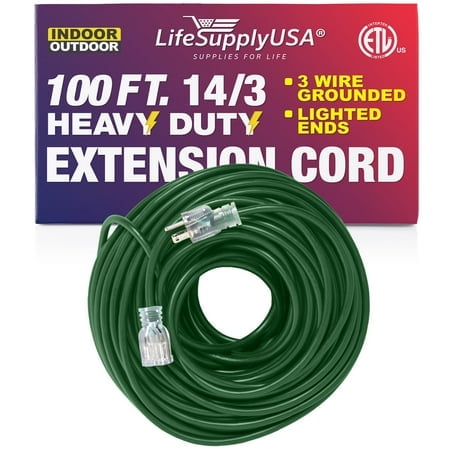 100 ft Power Extension Cord Outdoor & Indoor Heavy Duty 14 Gauge/3 Prong SJTW (Green) Lighted end Extra Durability 13 AMP 125 Volts 1625 Watts ETL Listed by LifeSupplyUSA