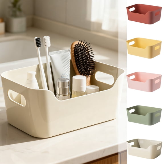 Plastic Storage Box Beige Plastic Storage Box 9.6x6.7x4" Kitchen Organizer with Handles for Drawers and Cabinets(1Pcs) NCHKUN