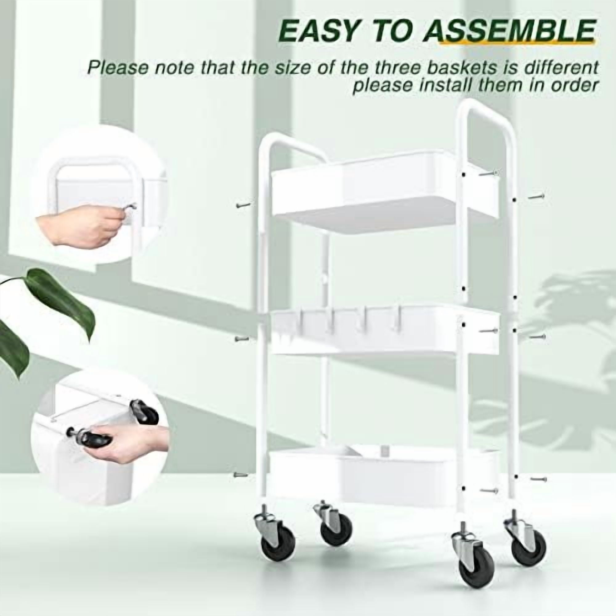 3 Tier Rolling Storage Cart, Metal Trolley Utility Cart with Wheels & Hooks, Easy Assembly Organizer Storage Cart for Bathroom Kitchen Office Bedroom White