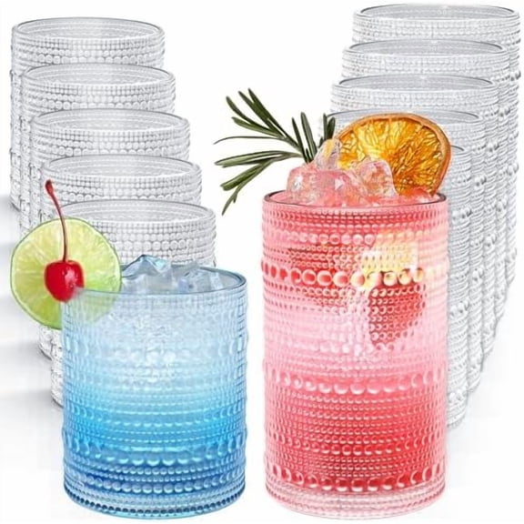 Vintage Hobnail Drinking Glasses Set of 12, 12 oz Highball Glasses & 10 oz Cocktail Glasses, Embossed Glass Cups, Clear Water Glasses Kitchen Bar Glassware Set for Beer, Juice, Cocktail, Whiskey