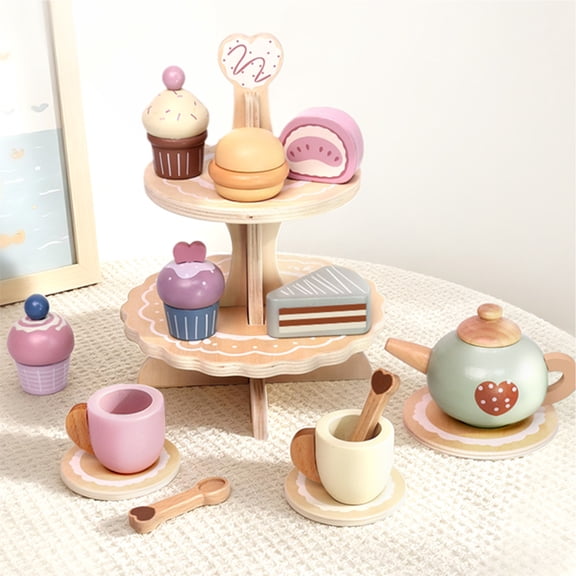 Wooden Tea Set, 15pcs Play Food Pretend Toy For Girl, Afternoon Tea Time Party Favor Age 3 4 5 6, Role Play Toys