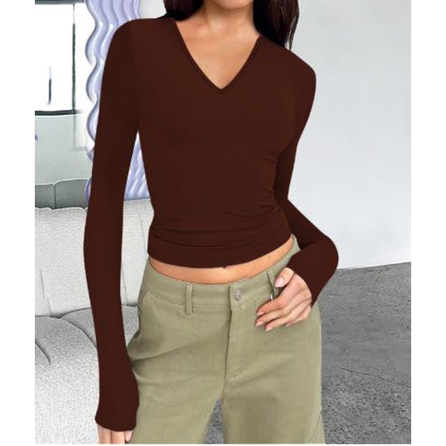 Diconna Women's Spring Autumn Crop Tops Solid Color Long Sleeve V Neck Short Slim T-shirt