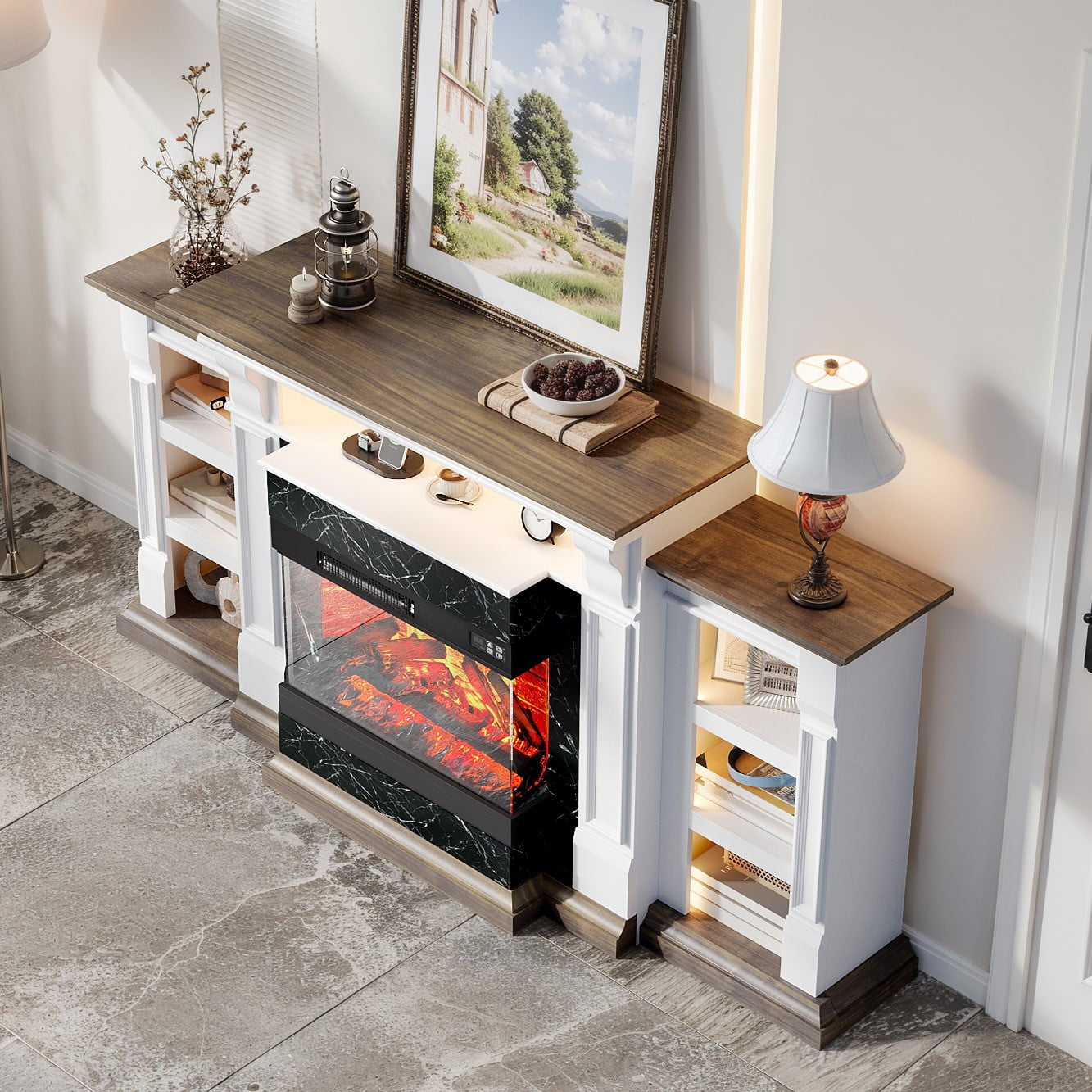 Holliwill 3-Sided Glass Farmhouse 72" Fireplace TV Stand for TVs up to 80", Electric Fireplace with Mantel, TV Console with Charging Station & LED Lights for Living Room, White Brown